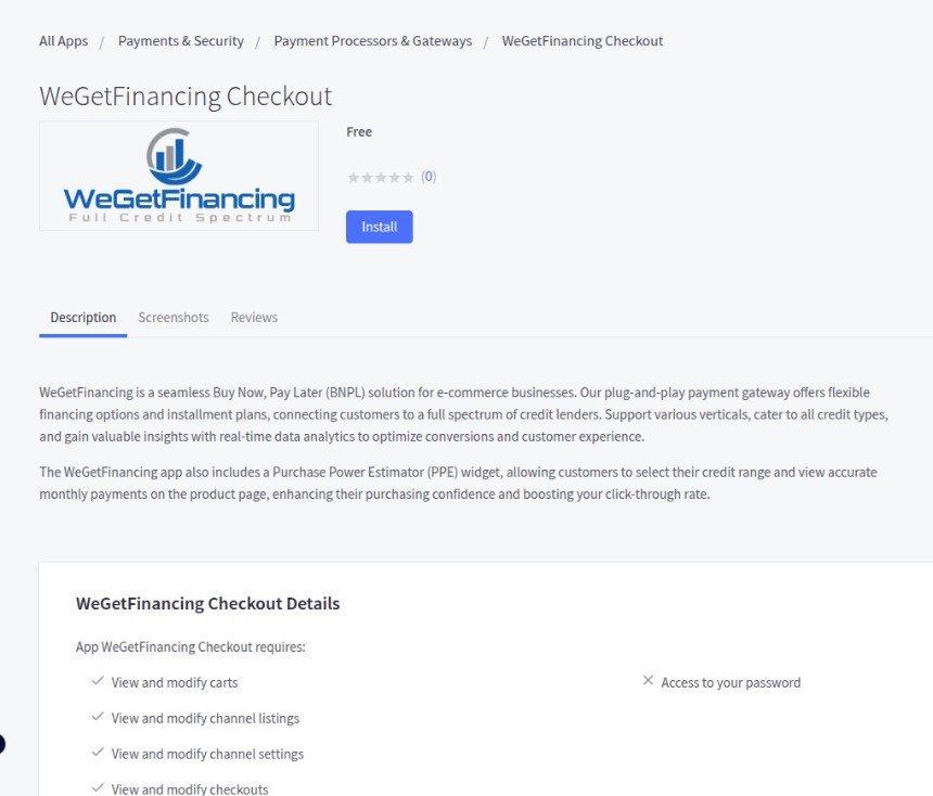 The app listing — click Install