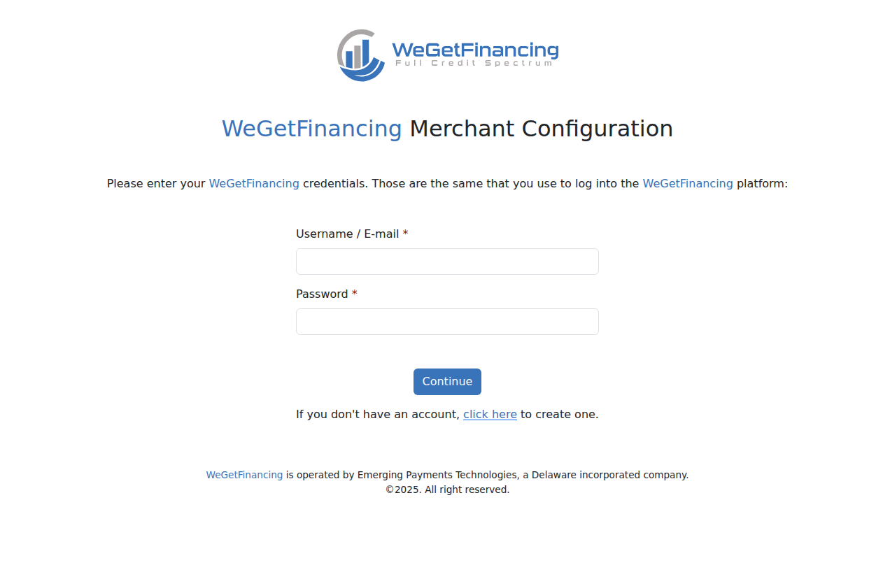 WeGetFinancing merchant login after installing