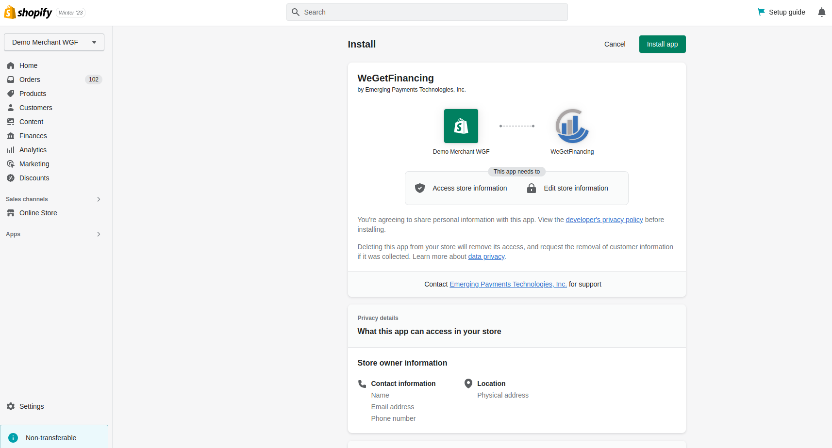Shopify "Install app" page for the WeGetFinancing app