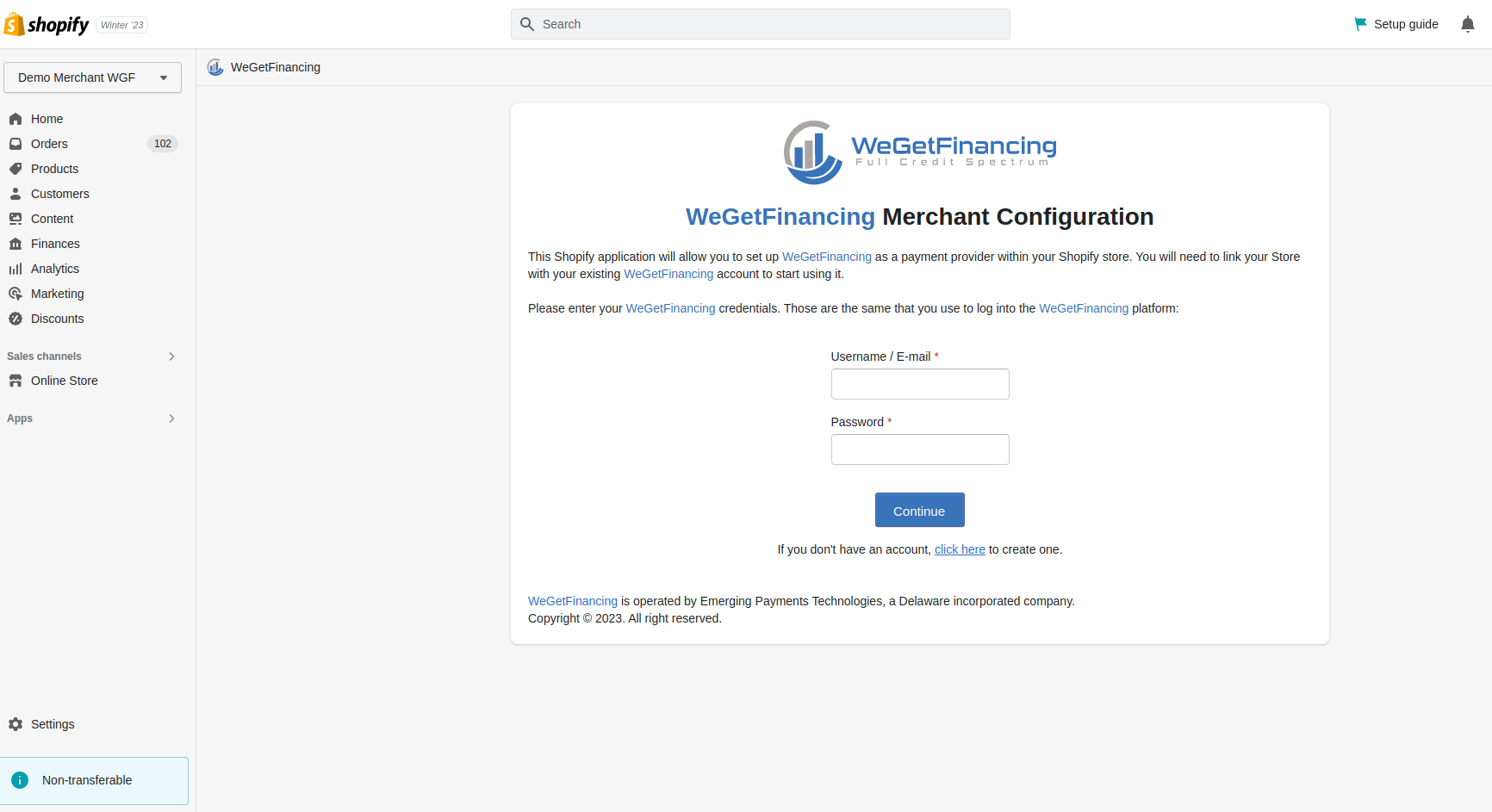 WeGetFinancing merchant-configuration login form