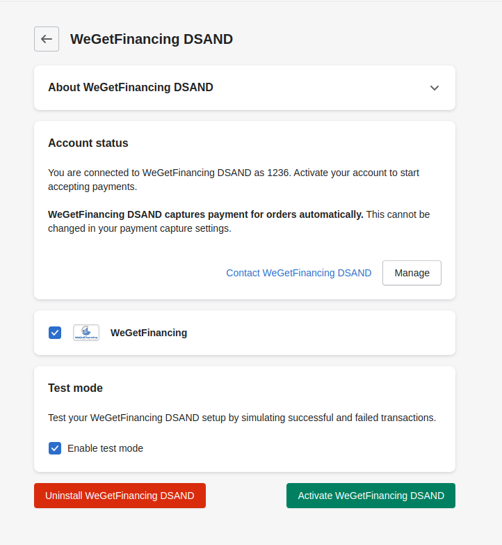 Activating WeGetFinancing in Shopify Payments settings