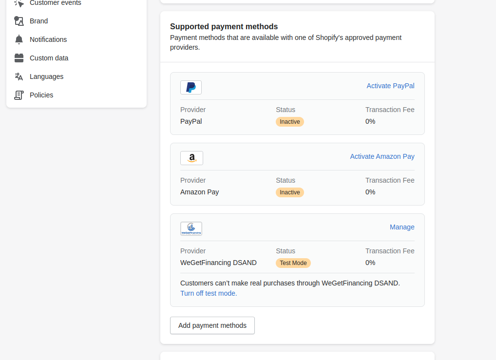 WeGetFinancing listed as a payment method in Shopify