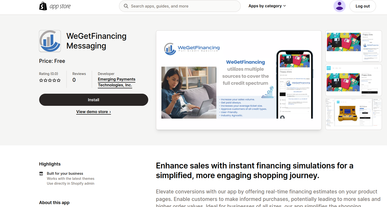 WeGetFinancing Messaging app listing on the Shopify App Store